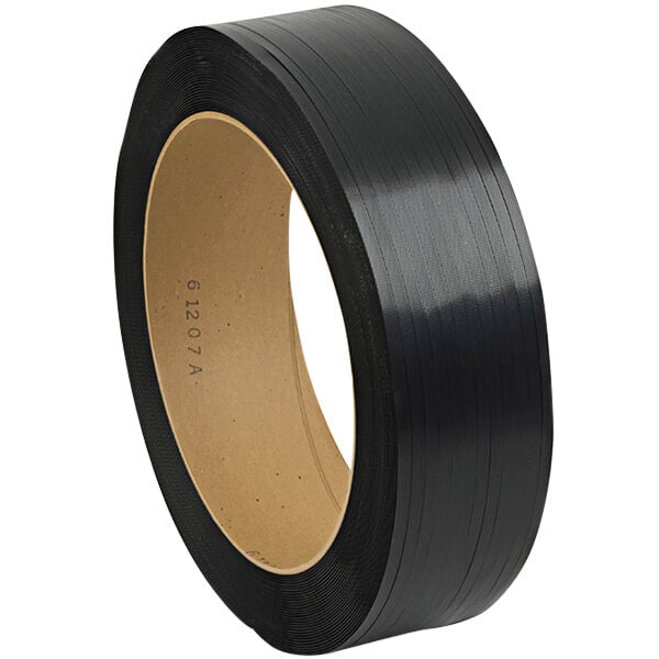 A roll of black PAC Strapping Coils with a brown strip on it.