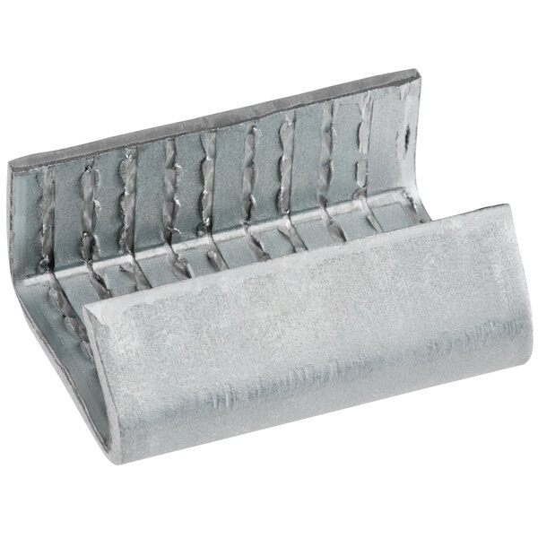 A metal PAC Strapping combination seal with a small hole in it.