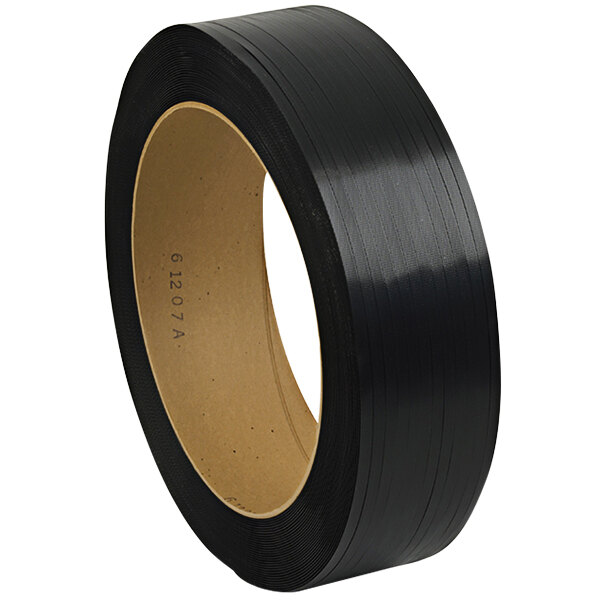 A roll of black PAC Strapping Products polypropylene strapping with a brown strip on the inside.