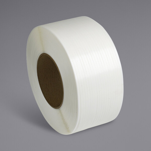 A roll of white plastic tape with 8" x 8" core.