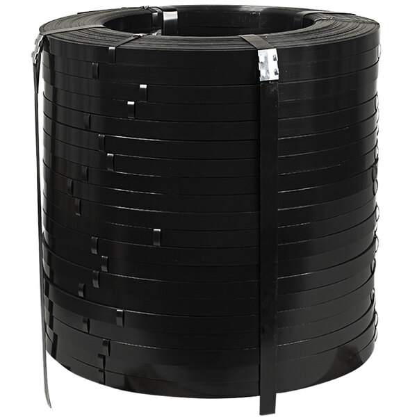 A large coil of steel strapping with black edges.