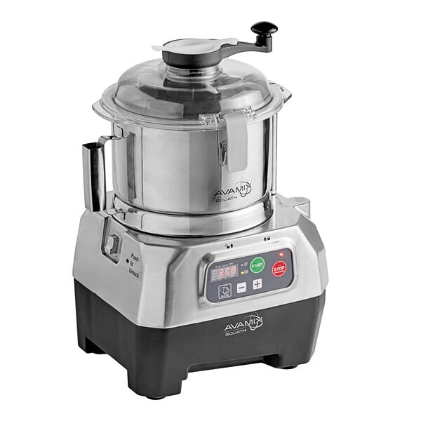 A stainless steel bowl and motor base for an AvaMix food processor.