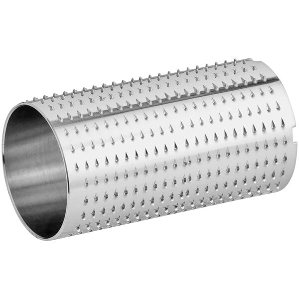 A silver cylindrical Estella roller with spikes on it.