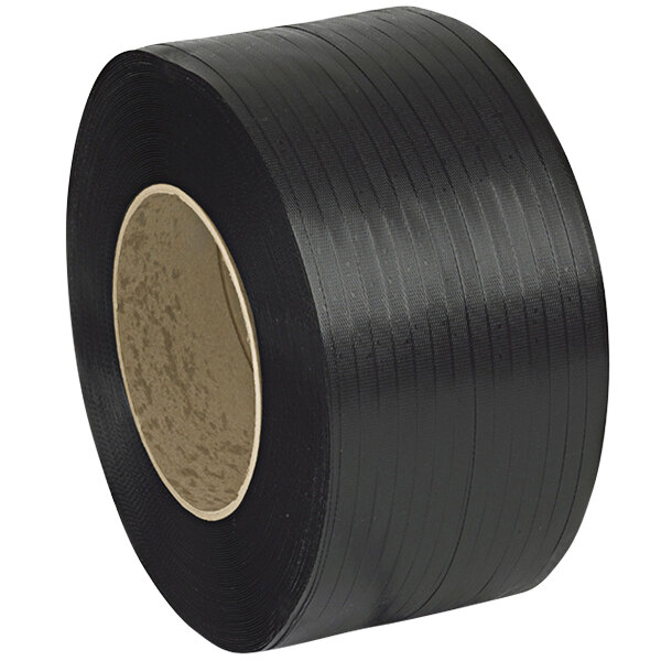 A roll of black PAC Strapping Products polypropylene strapping with a black background.