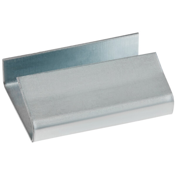 A silver metal open seal for plastic strapping with a small hole in it.