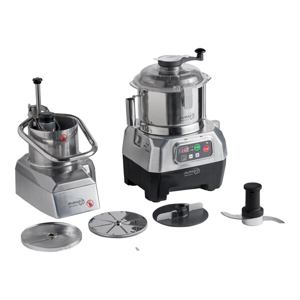 A stainless steel bowl, motor base, and continuous feed head for an AvaMix food processor.