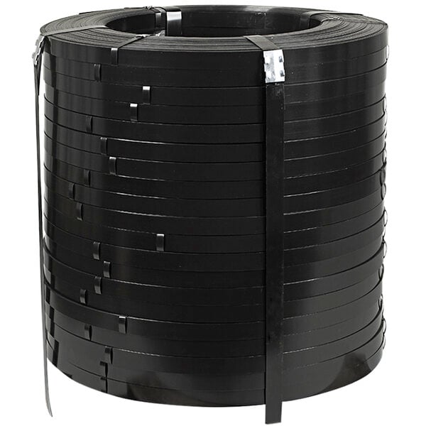 A large coil of steel strapping with black and white packaging.