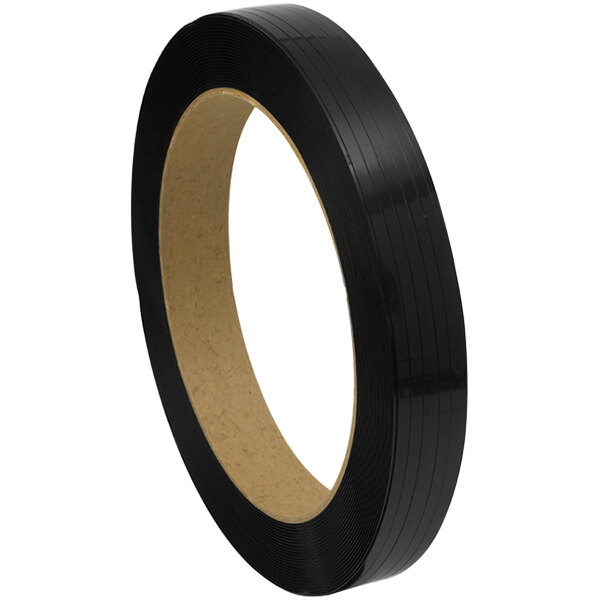 A roll of black PAC Strapping Products black polyester strapping tape with a wood core.