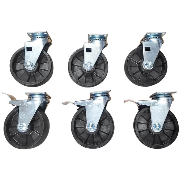 Six black swivel casters with black rubber wheels.