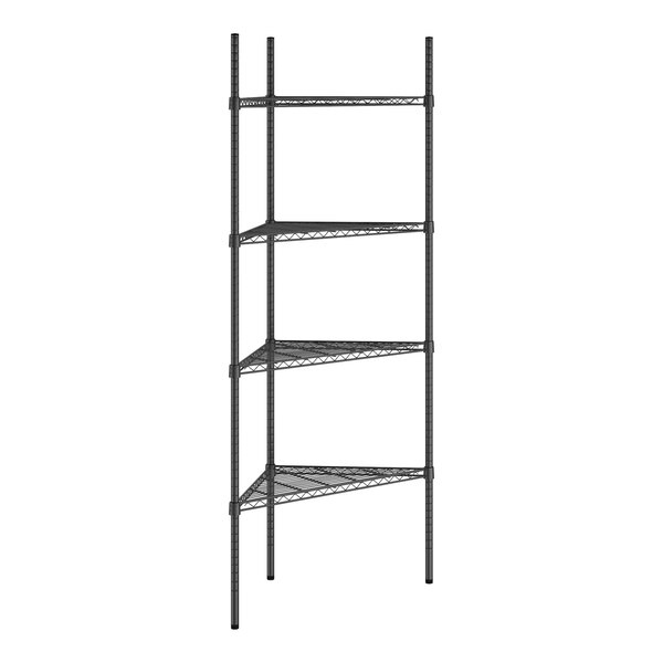A black wire Regency shelving unit with four triangle shelves.