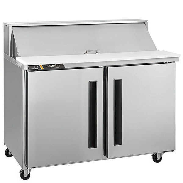 A silver refrigerated counter with left hinged doors.