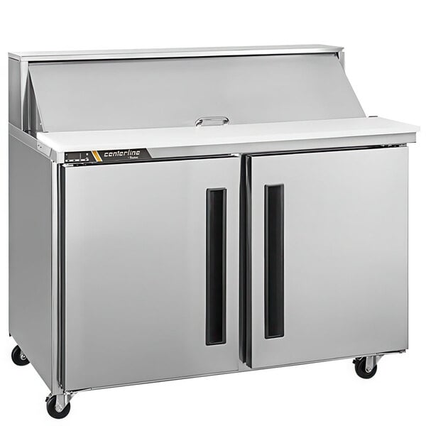 A silver refrigerated counter with left hinged doors.
