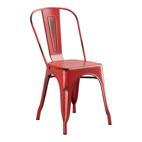 A red metal Lancaster Table & Seating Cafe Chair with a metal back.