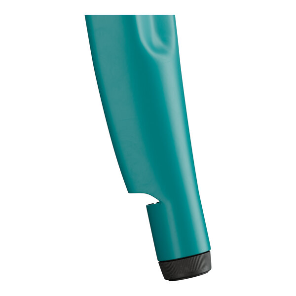 A Lancaster Table & Seating teal top with a black and green bottle on it.