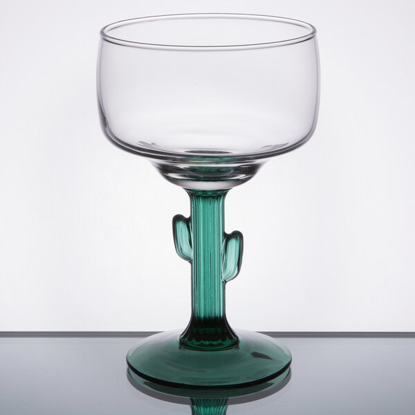 A close-up of a Libbey cactus margarita glass with a cactus stem.