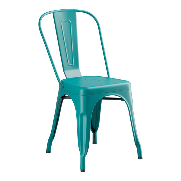 A teal metal chair with a black seat.