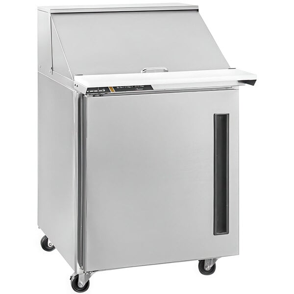 A silver Traulsen refrigerated sandwich prep table with a white handle.