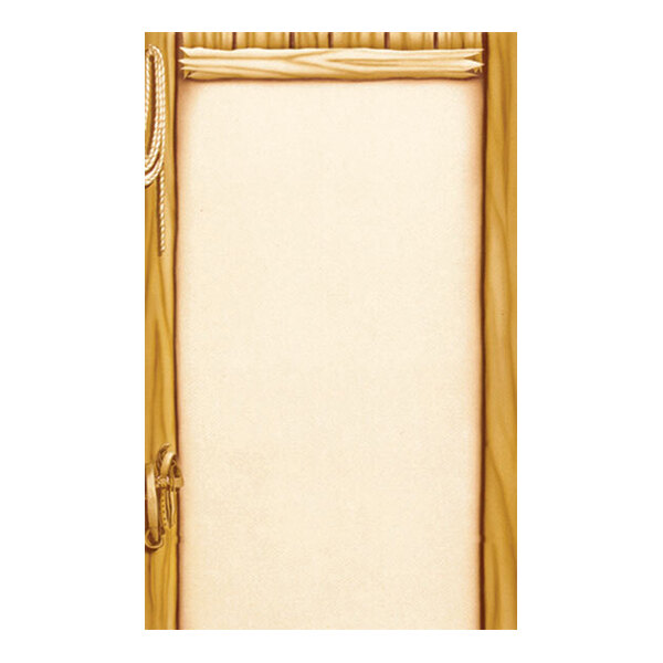 A rectangular sheet of paper with a blank center, bordered by a wood-like frame and decorated with rope and a horseshoe on the left side, resembling a saloon door.