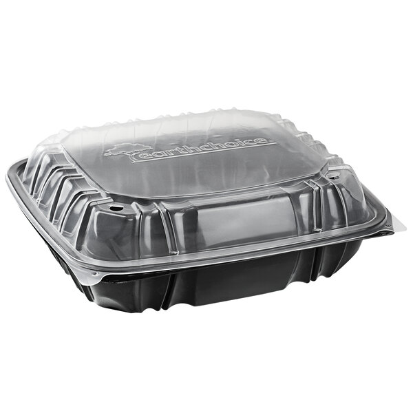 A Pactiv Earthchoice plastic container with a clear lid.