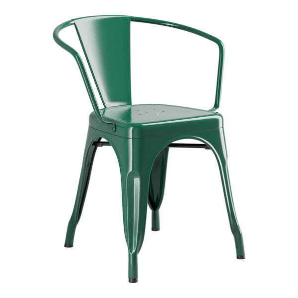 A Lancaster Table & Seating green metal arm chair.