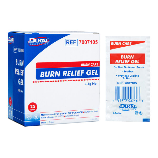 A box of 25 Medique Medi-First burn relief gel packets.