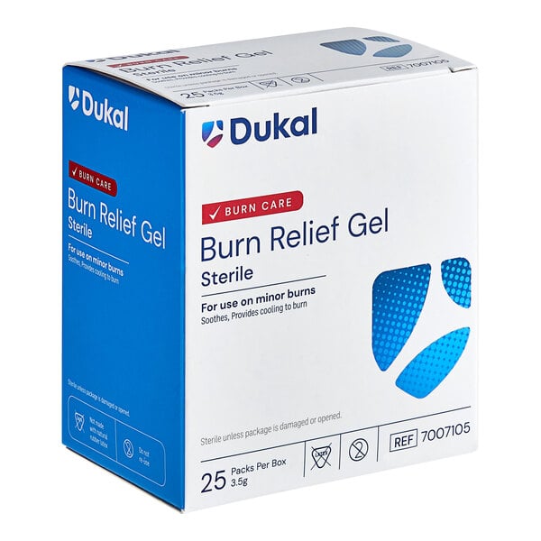 A white box with blue and white text reading "Medique Burn Aid 3.5 g Burn Gel Packet - 25/Box" containing packets of burn relief gel.