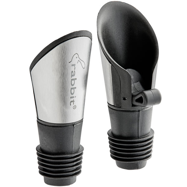 Two silver and black Rabbit wine pourer stoppers.