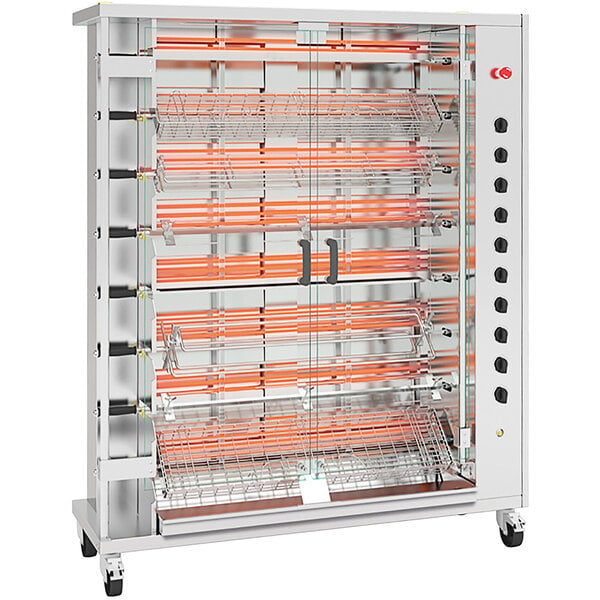 A large stainless steel Rotisol-France electric rotisserie with 8 spits.