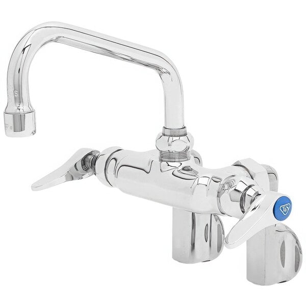 A silver T&S wall mount pantry faucet with blue handles.