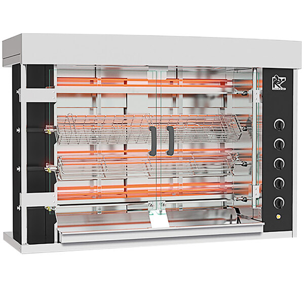 A black and white stainless steel Rotisol-France electric rotisserie with 4 spits.