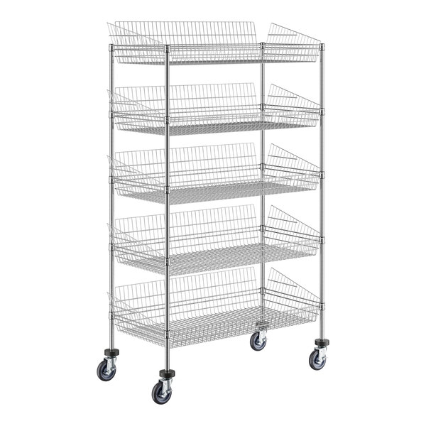 A Regency chrome wire storage display stand with 5 baskets on wheels.