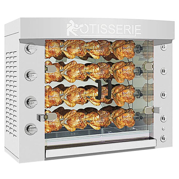 A Rotisol stainless steel rotisserie oven with 4 spits holding a rack of chicken.