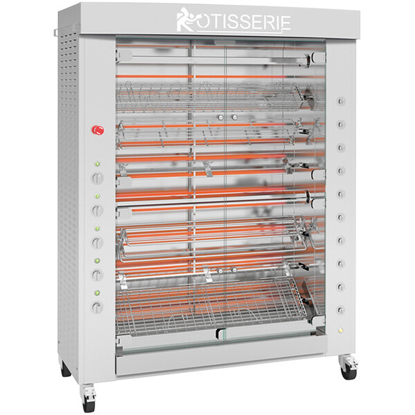 A stainless steel Rotisol-France electric rotisserie with 8 spits.