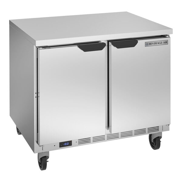 A silver Beverage-Air worktop freezer with two doors.
