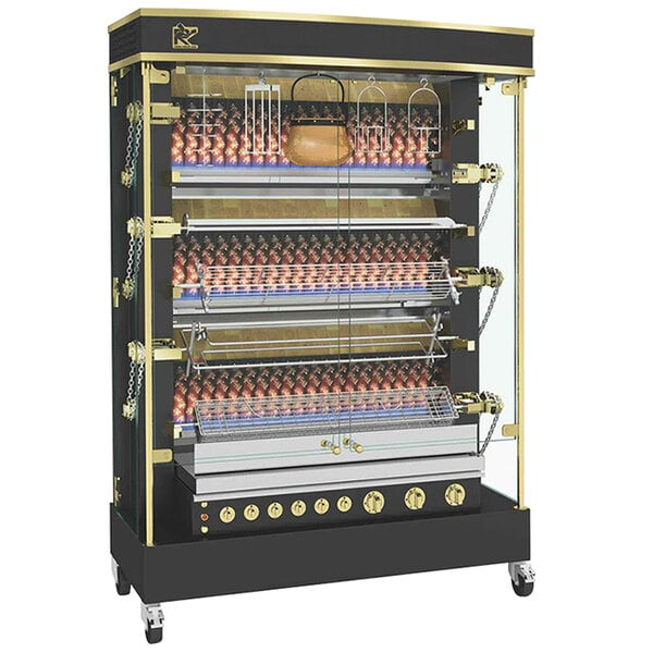 A large black and gold Rotisol-France MasterFlame liquid propane rotisserie with 6 spits and brass accents.