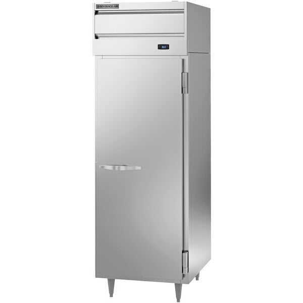 A silver Beverage-Air reach-in refrigerator with a handle.