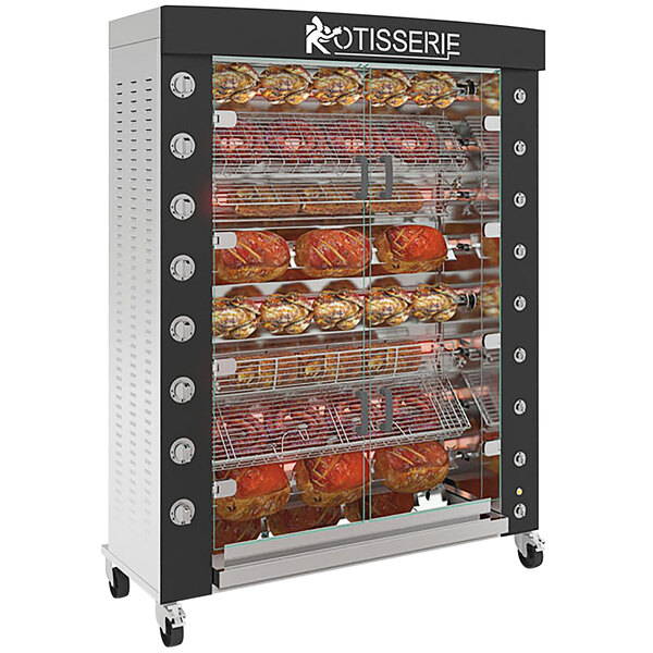 A Rotisol-France natural gas rotisserie with 8 spits of food cooking inside.