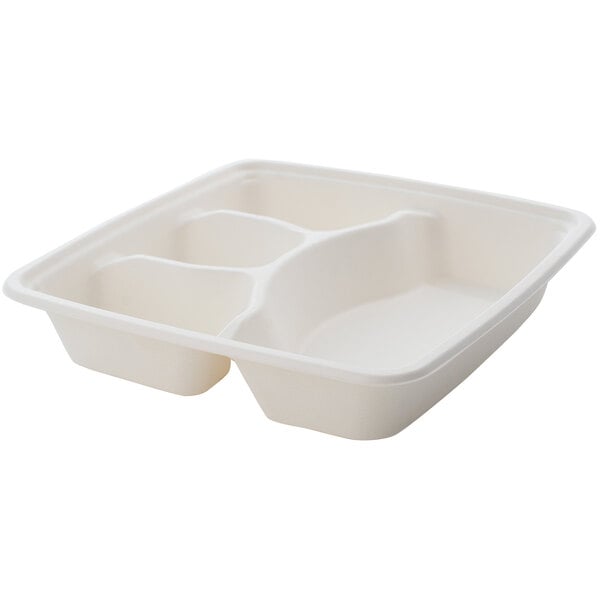 A white bagasse take-out tray with four compartments.