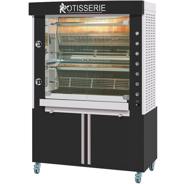 A white and black Rotisol-France GrandFlame liquid propane rotisserie oven with wheels and a glass door.