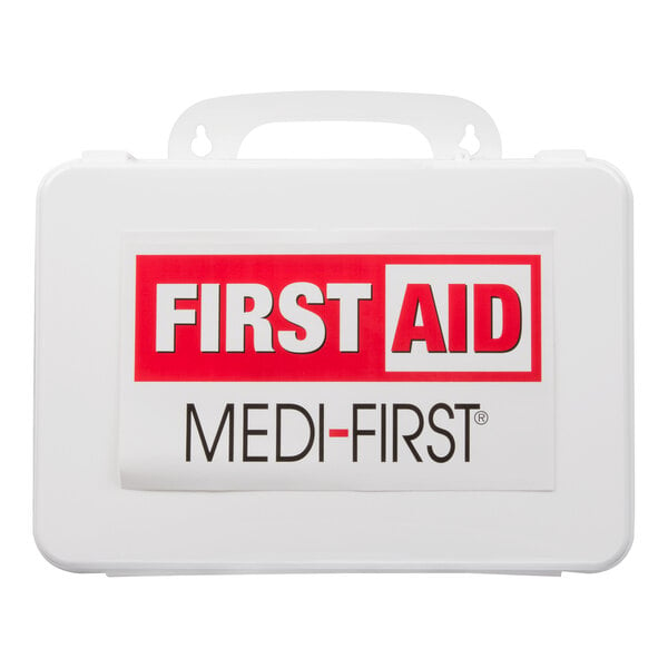 A white rectangular Medique first aid kit with a red and black label.