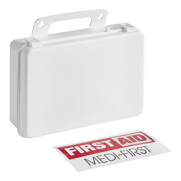 A white plastic first aid kit box with a handle and a separate 'FIRST AID MEDI-FIRST' label.