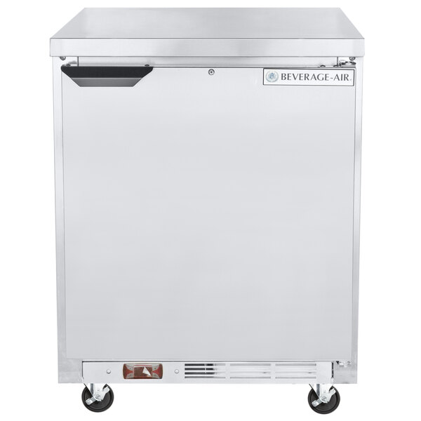 A stainless steel Beverage-Air worktop freezer with a flat top and a handle.