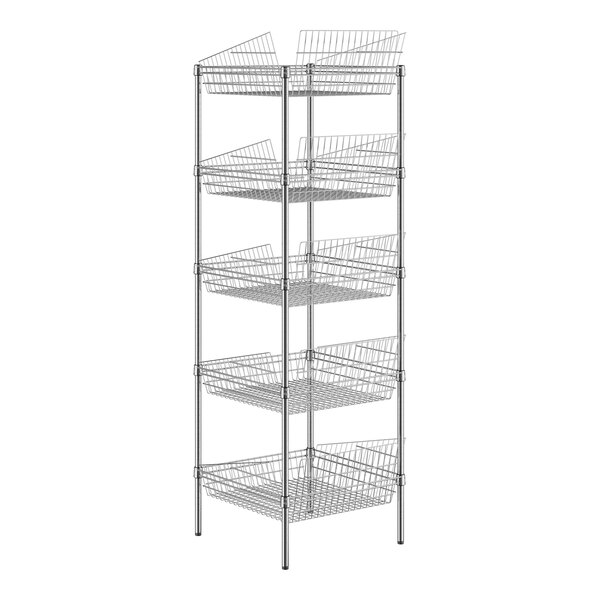 A chrome wire rack with five shelves and baskets on it.