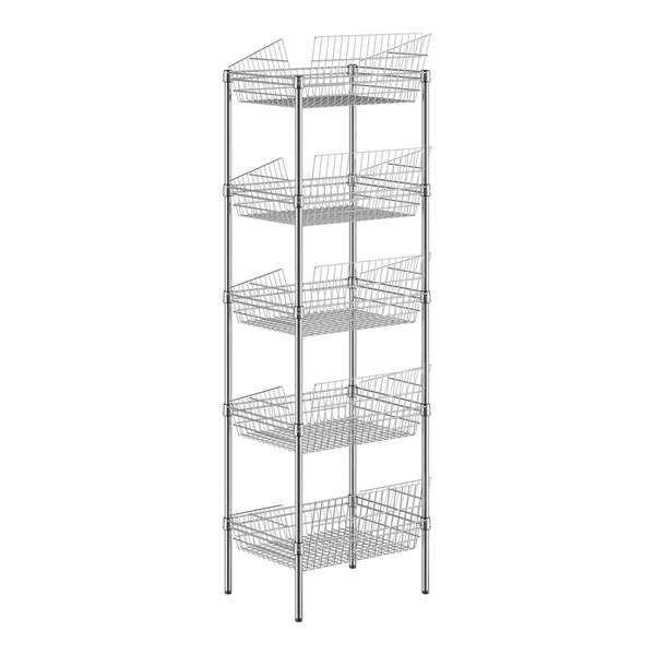 A chrome metal rack with five stationary baskets on it.