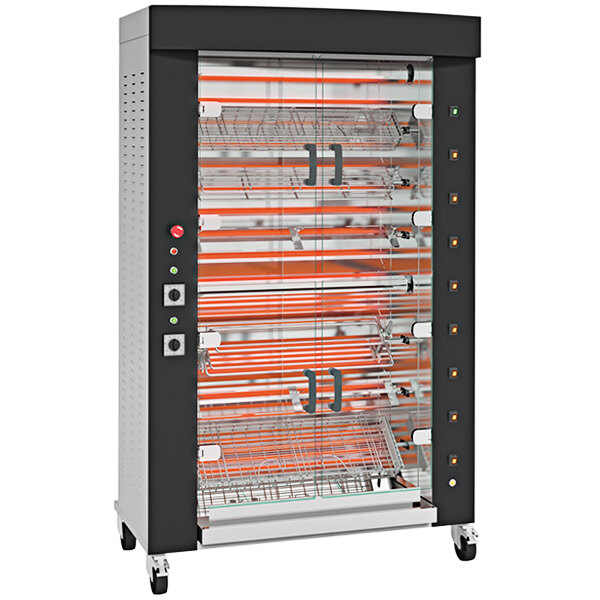 A large silver and black Rotisol-France electric rotisserie with 8 spits.