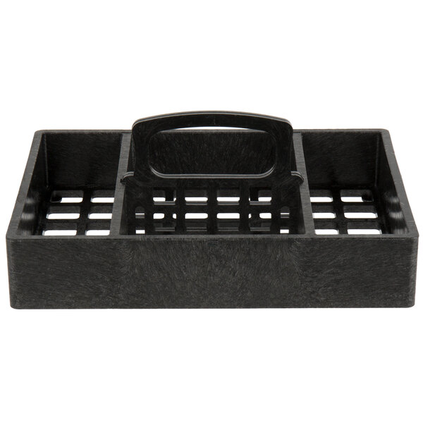 A black plastic table top condiment organizer with 4 bins.