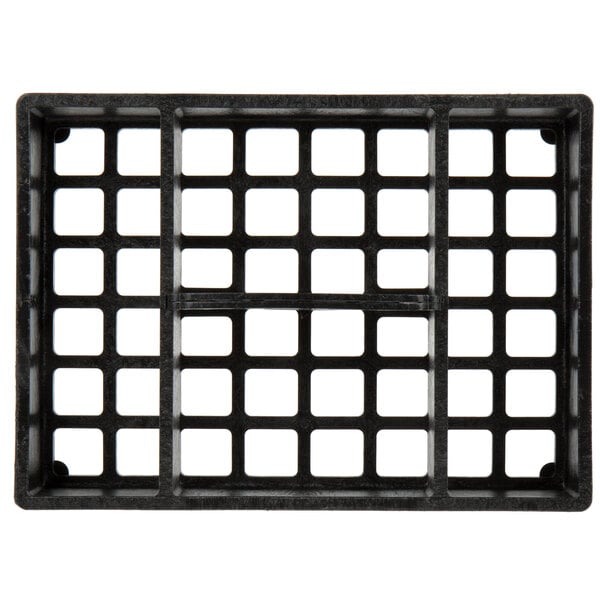 A black polyethylene grid with square holes for condiment containers.