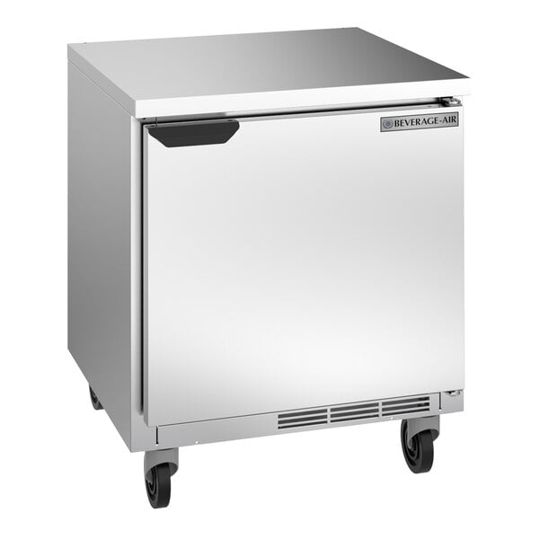 A silver Beverage-Air worktop refrigerator with wheels.