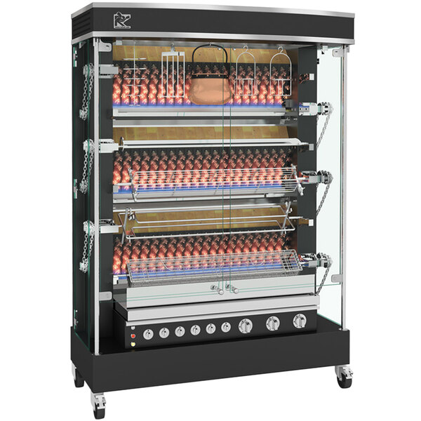 A black and silver Rotisol-France natural gas rotisserie with chrome accents holding chicken on spits.