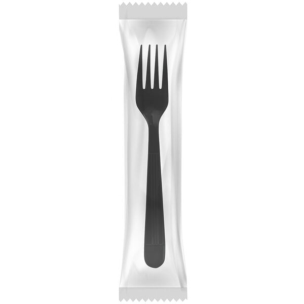 A package of Fineline black plastic forks individually wrapped in plastic.